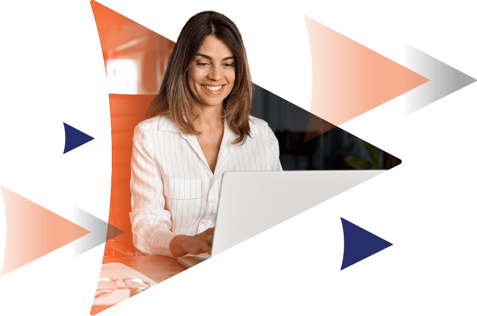 Your way Forward. Woman at computer looking happy